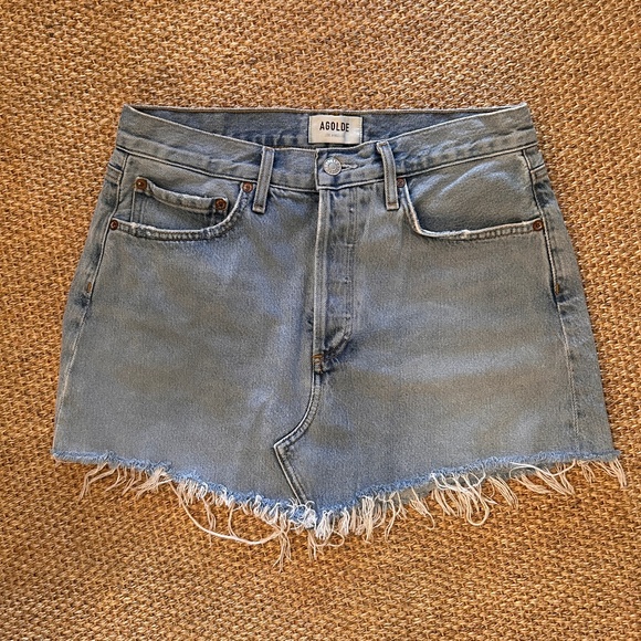 Agolde Parker Angled Denim Jean Skirt Raw Edge Organic Cotton Size 27 4 EUC - Picture 1 of 7